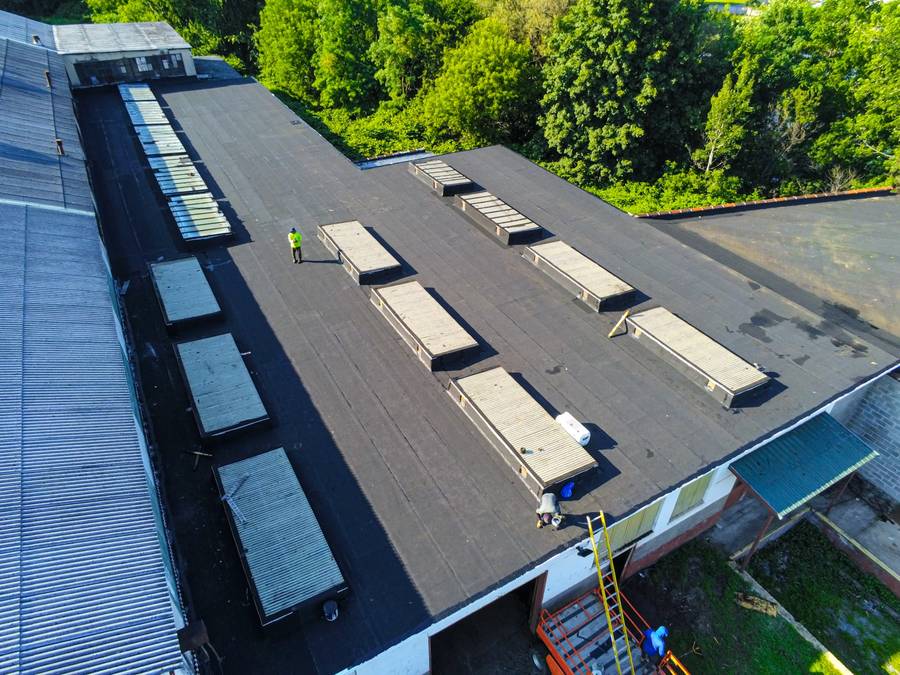 Completed commercial flat roof, aerial view